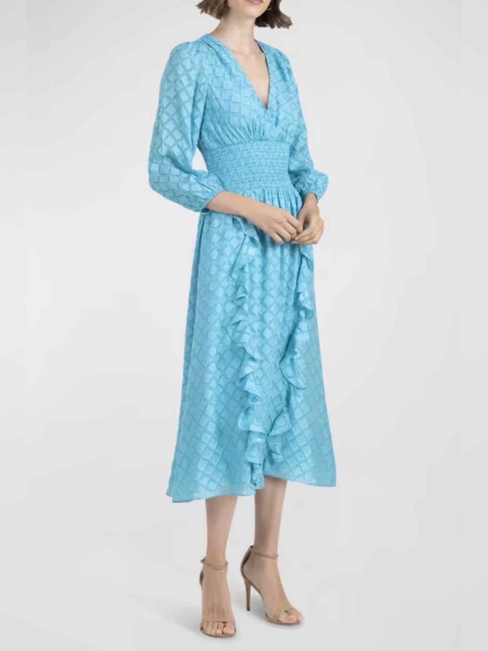 Shoshanna Katalina Smocked Ruffle Midi Dress Cerulean Blue Size 12 GUC